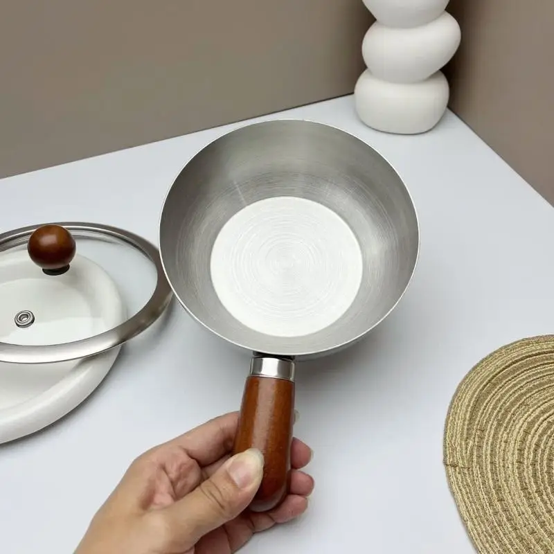 Deluxe Stainless Steel Ramen Noodle Pot, Single Serving Size, Aesthetically Pleasing, Peach Wood Finish, Small Cookware