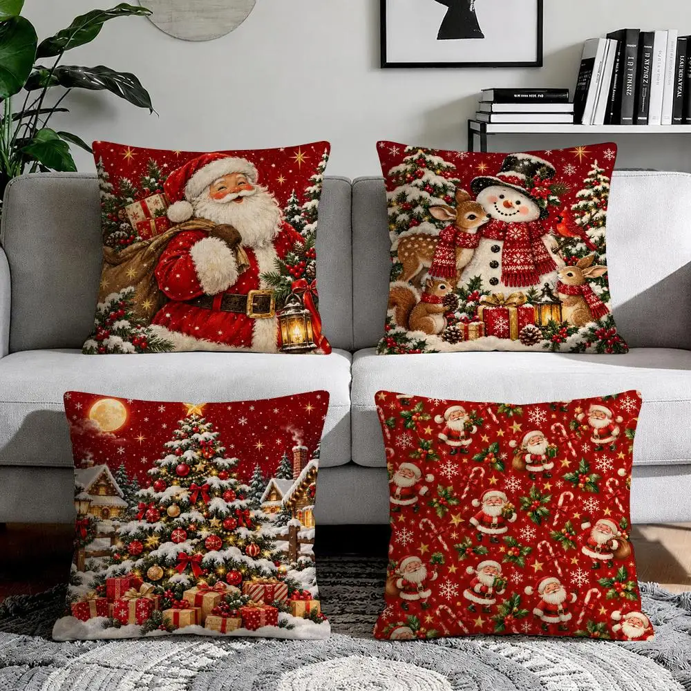 Jolly Santa Christmas Cushion Cover Organic Natural Linen Pillowcase with Double Sided Print for Sofa Home Decor Gift