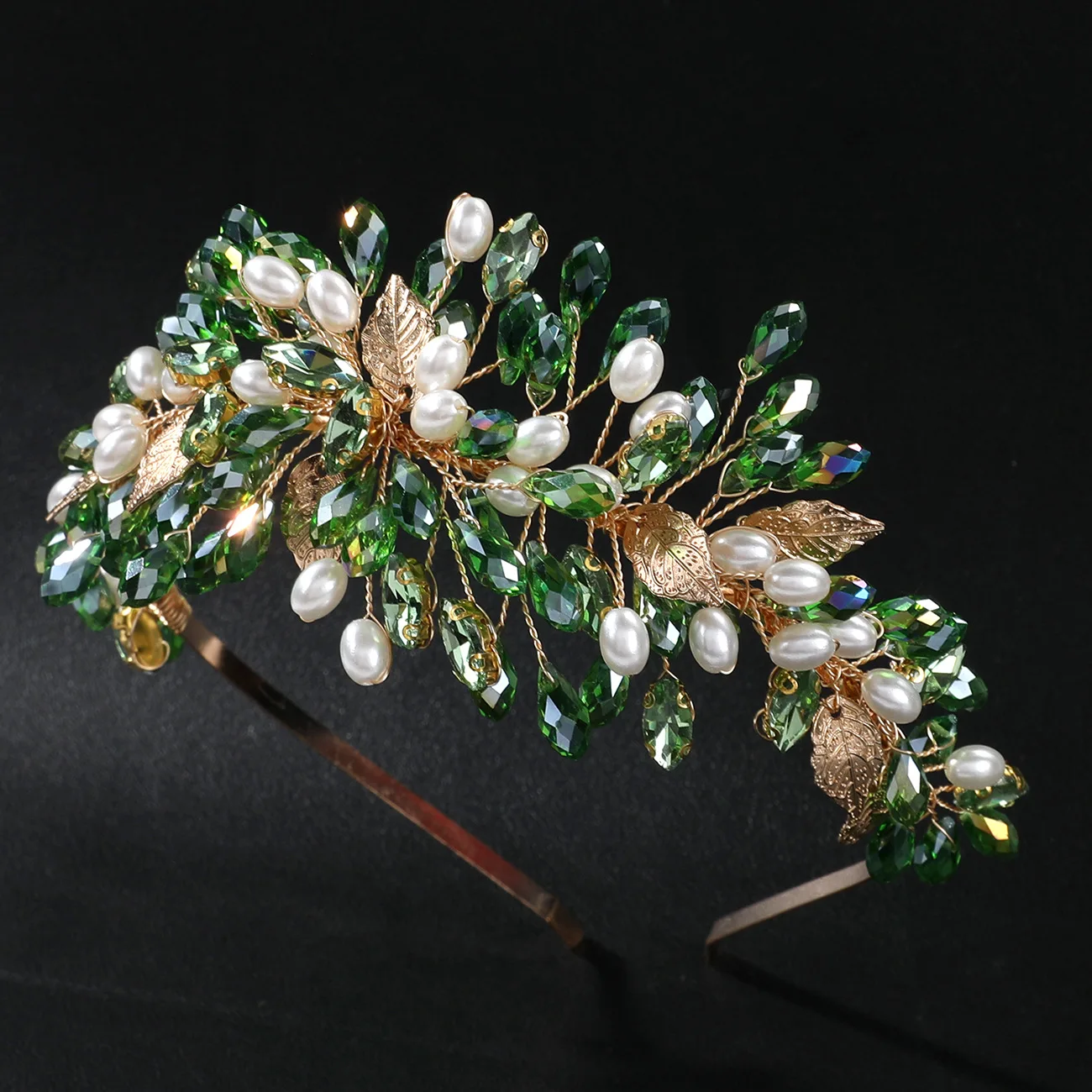 SLBRIDAL Handgefertigte Kristall-Strass-Perlen Blumen-Blatt Braut-Tiara Stirnband Hochzeitskrone Haaraccessoires Damen Mädchen Schmuck – Detail 6