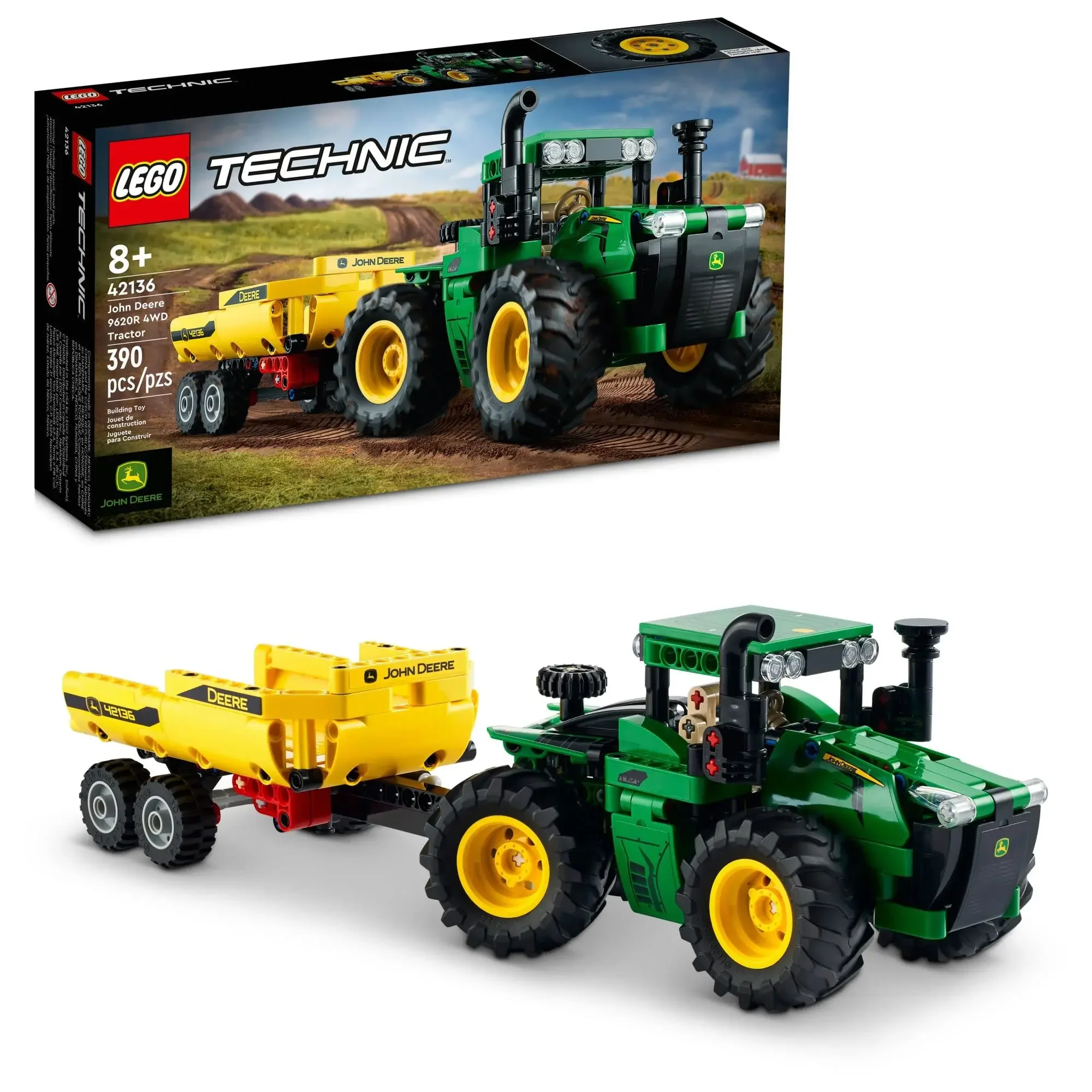 Brinquedo Trator Lego Technic John Deere, 42136 Tijolos para Construção, Modelo Colecionável com Reboque, Presente de Natal, 9620R, 4WD, 390 Unidades