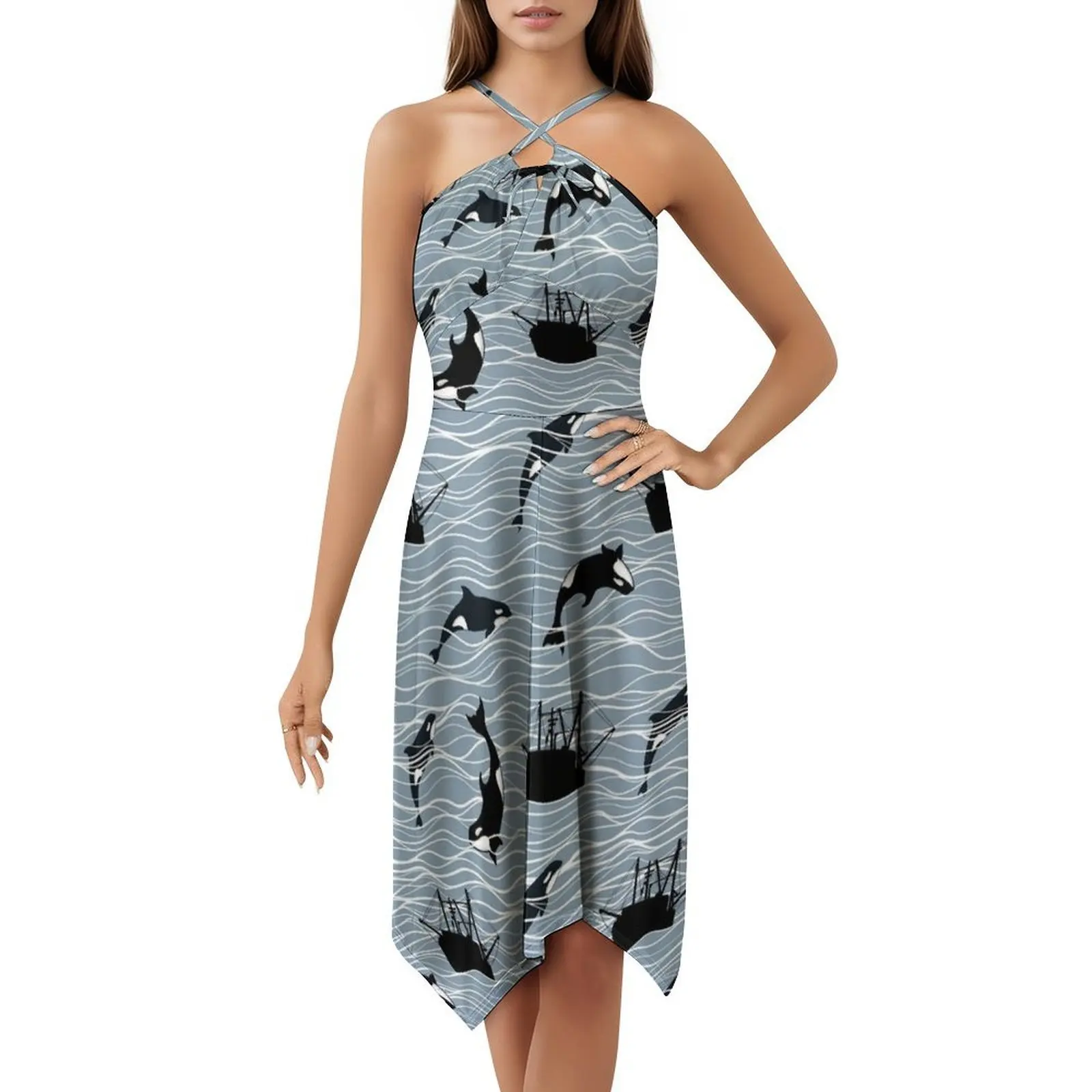 فستان على شكل حيتان وقوارب على شكل قلب فستان أنيق للحفلات الصيفية للنساء نمط قارب الحوت القاتل Orca #5