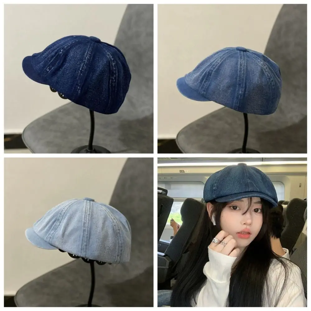

Cotton Denim Berets Cap Japanese Style Blue Women Artist Hat Street Style Big Head Circumference Retro Forward Hat Spring
