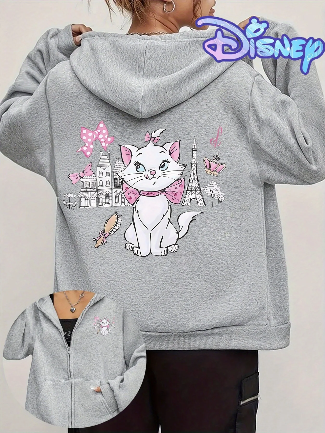 เสื้อฮู้ดลายแมวหอไอเฟลแบบซิป เสื้อสเวตเชิ้ตผ้าฟลีซสำหรับผู้หญิงและผู้ชาย ผ้าฝ้าย ใส่ได้ทั้งฤดูใบไม้ร่วงและฤดูหนาว เสื้อคลุมคอโอ แขนยาว