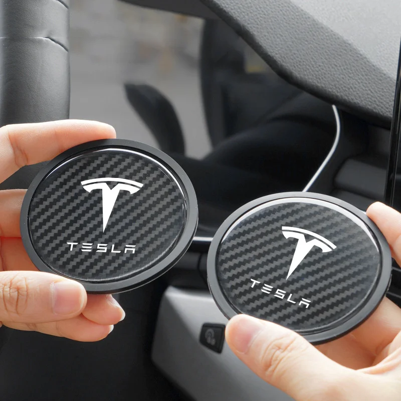 2PCS Carbon Fiber Pattern Car Coaster Water Cup Slot Anti-slip Mat For Tesla Model 3 Model S X Model Y Roadster SpaceX Accessory