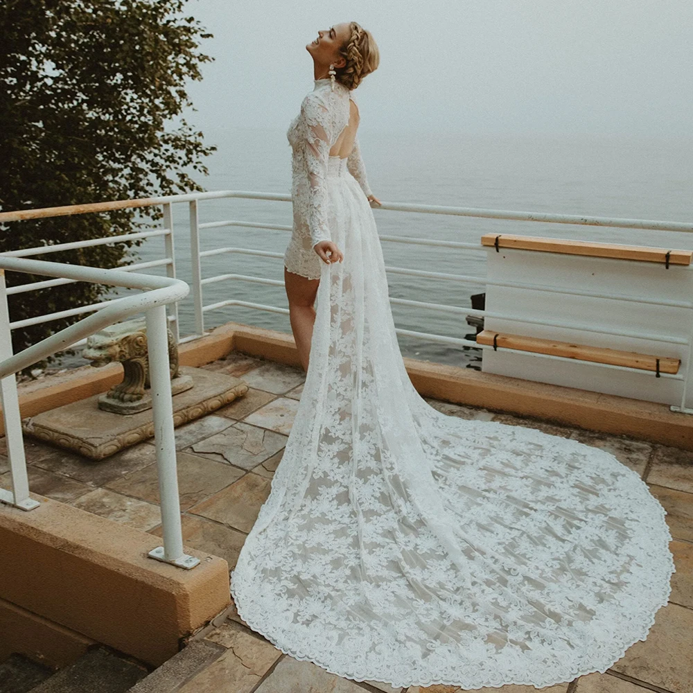 20147 #   Boho maniche lunghe collo alto mini abito da sposa in pizzo per la sposa donna abito da sposa senza schienale con strascico staccabile personalizzato