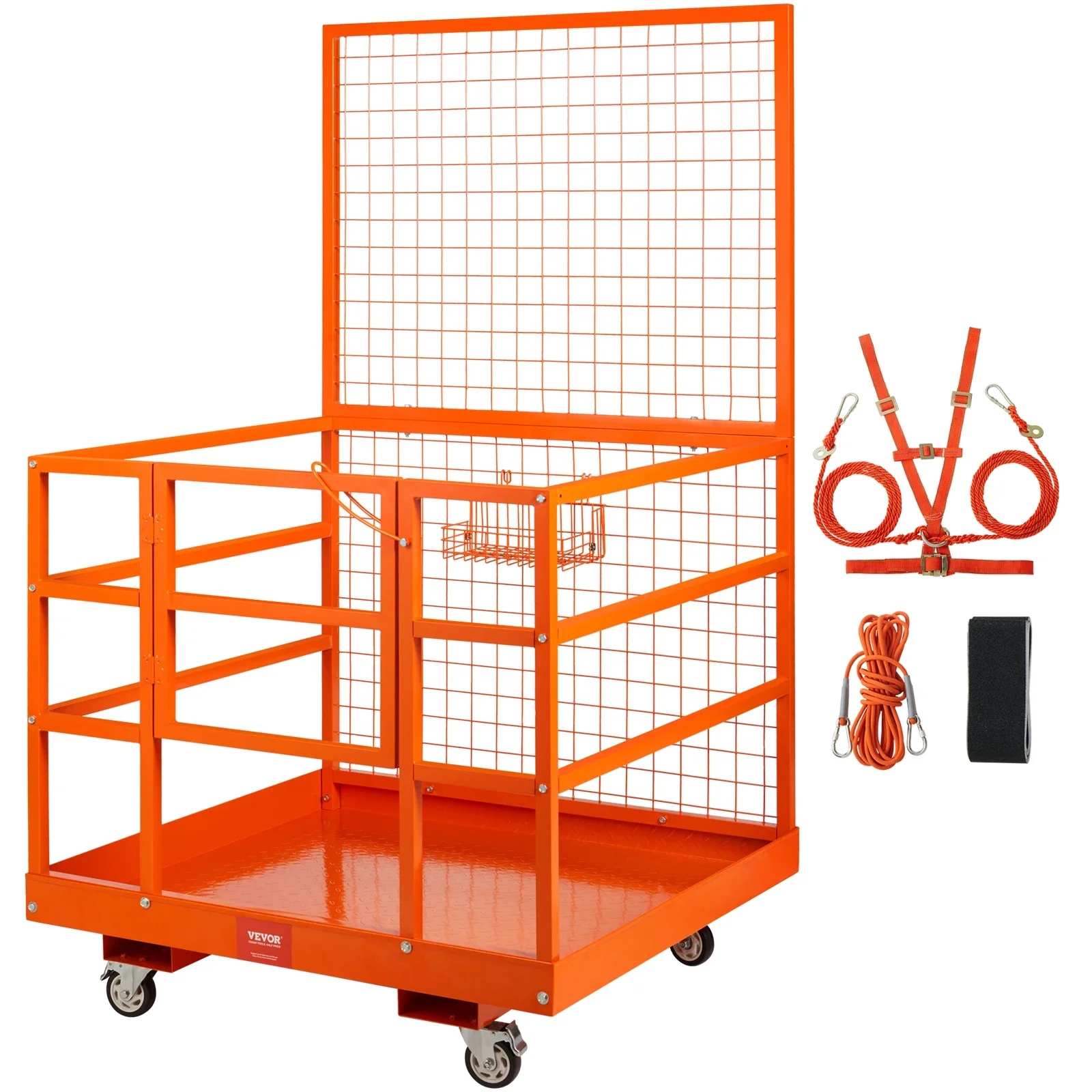 Forklift Safety Cage, 1400lbs Load Capacity, 43'' x 45'' Forklift Work Platform with Safety Harness & Lock, Drain Hole