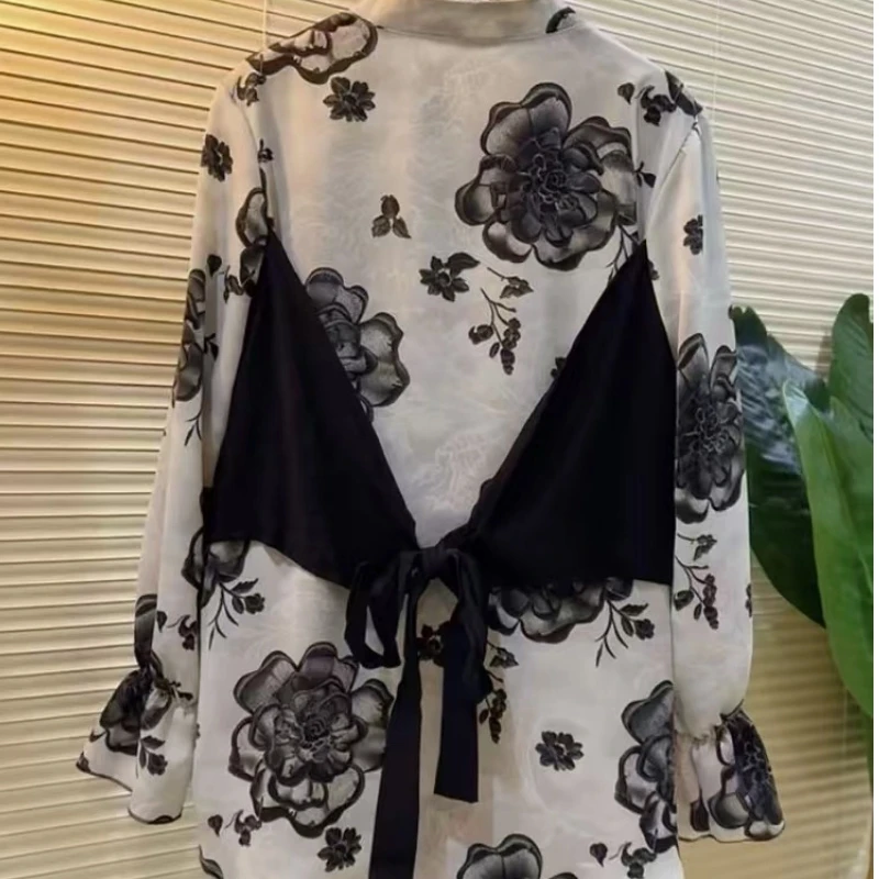

Fake Two Pieces Long Sleeve Print Vintage Tops Spring Autumn New Loose Patchwork Casual T Shirts Fashion Office Women Clothing