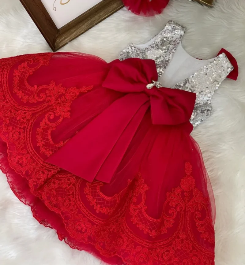 

New Custom Flower Girl Dress O Neck Big Bow Infant Tutu Outfit Red Lace Tulle Kid Birthday Party Gown Christmas Dress Headpiece