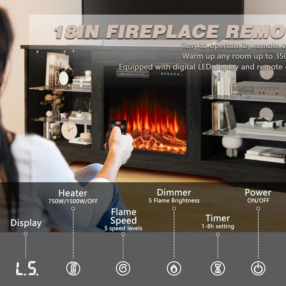 Fireplace TV Stand for TVs up to Console withElectric Fireplace & Remote, Wooden Modern Entertainment Center for Living Room