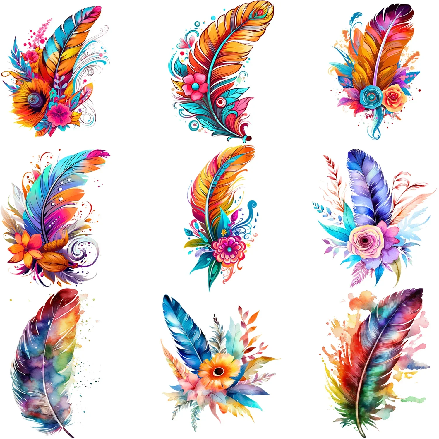 9 Pack Watercolor Floral Feather Iron-on Appliques Transfer Stickers Suitable for DIY T-Shirts Backpack Decoration iron on patch