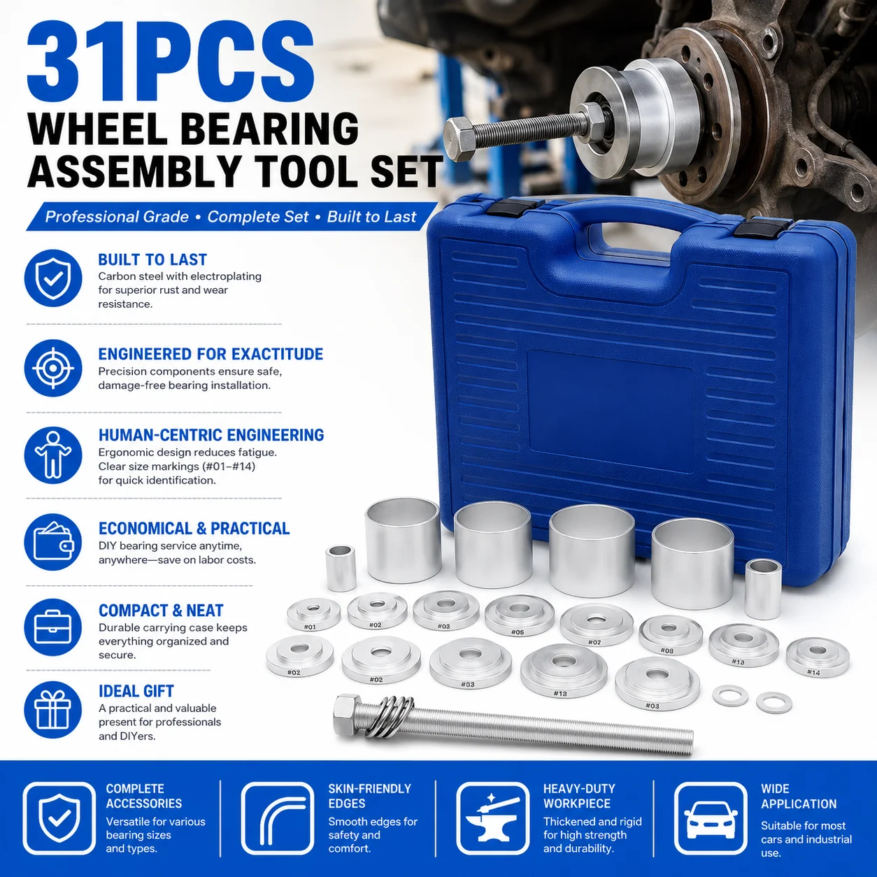 Image of 31-teiliges Radlager-Ausbau- und Einbauwerkzeug-Set, Universal-Radnabenlager-Abzieher- und Einpresswerkzeug-Adapter-Kit aus Kohlenstoffstahl, mit 14 Druckplatten, 4 Glocken, professionelle