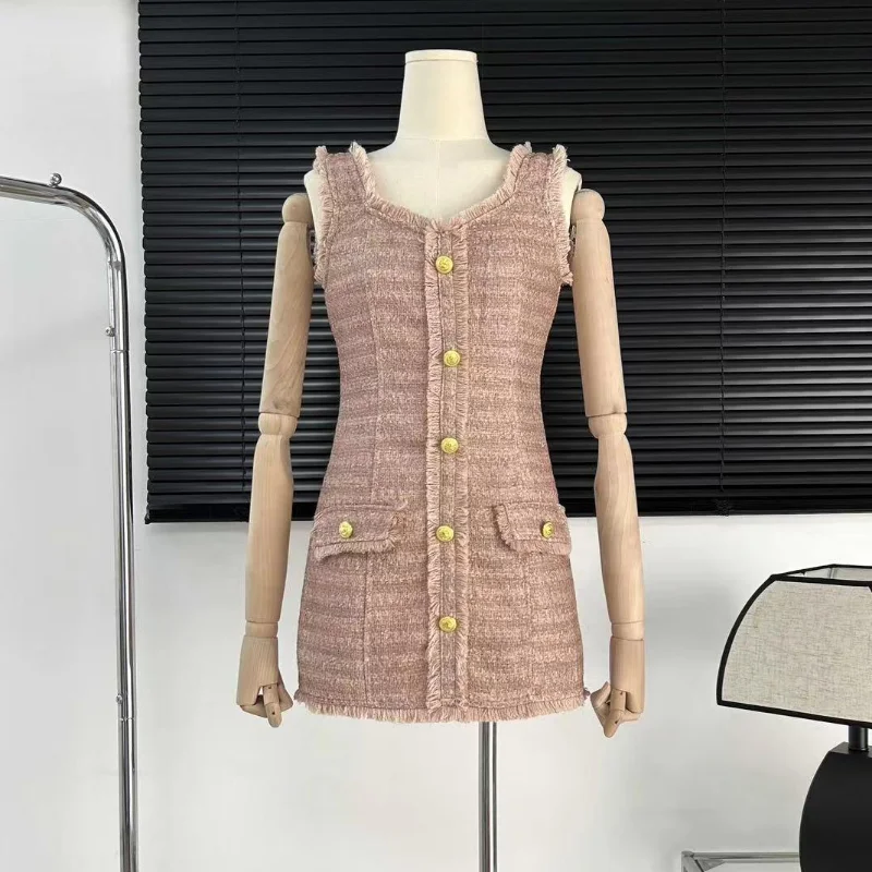 

Women Hotsweet Small Fragrant Tweed Vest Dress New Fashion Vintage High-Waisted Hip Mini Sexy Sleeveless Lady Dress Feminino 308