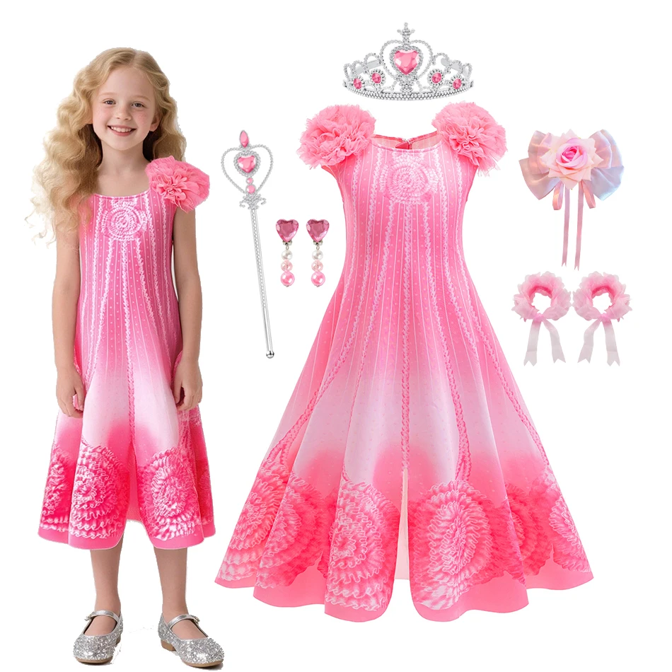 Wicked Witch Glinda Pink Dress Girls 3D Large Flower Decorations Evening Gown Casual Dress Children Halloween Costume