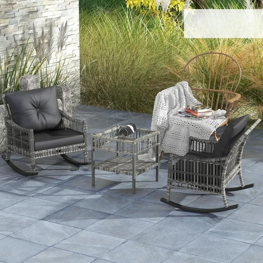 Wicker Outdoor Rocking Chair Set, 3 Piece Patio Furniture Set with Padded Cushions and Storage Coffee Table, 2-Seater PE Rattan
