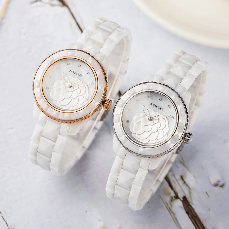 MIGE Women Quartz Watch White Ceramic Strap Camellia Shell Dial Crystal Decor Waterproof Luxury Elegant Ladies Wristwatch Gift
