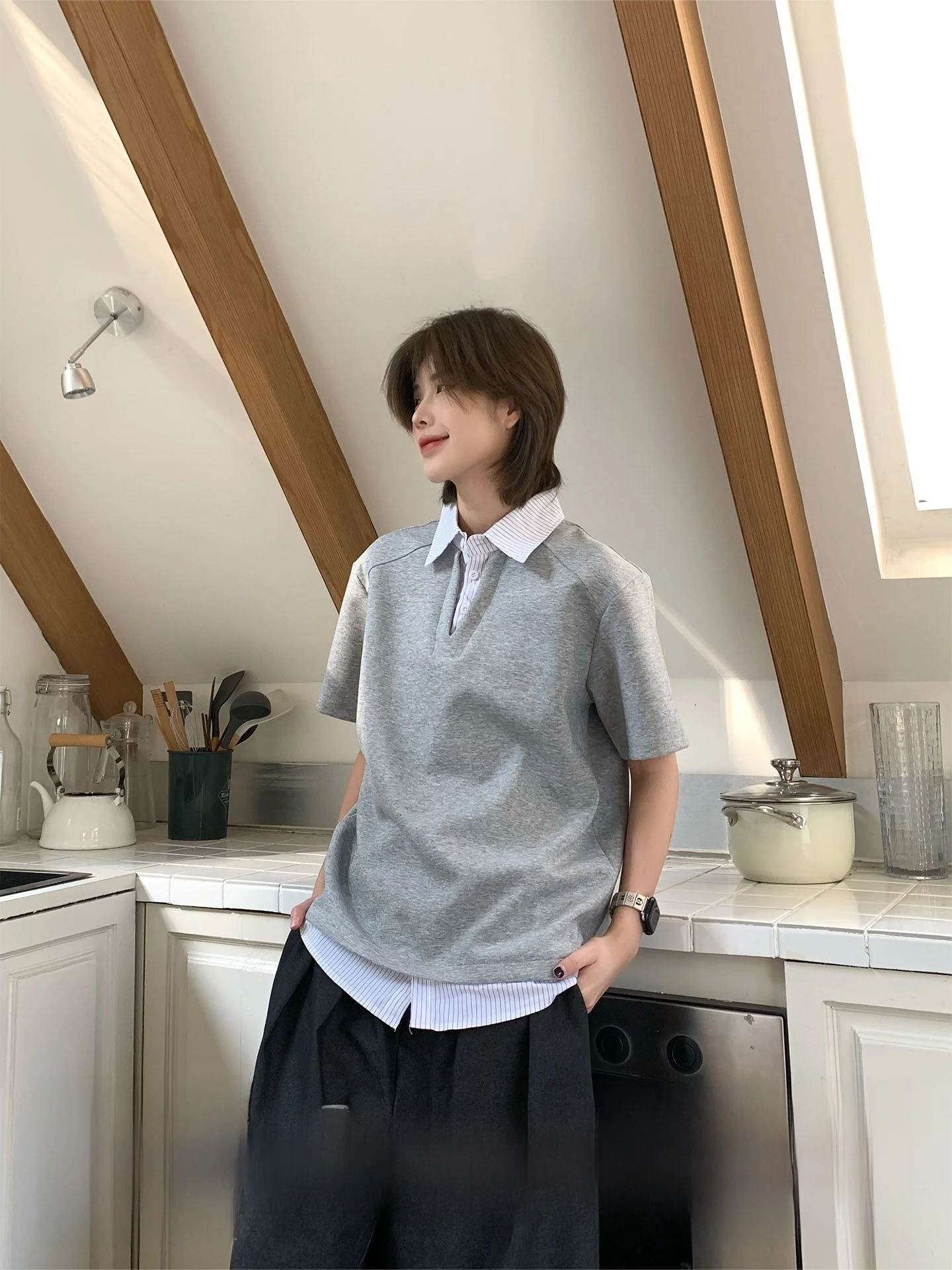 

Повседневная футболка с коротким рукавом Ja1 High Intelligence Sensation, имитация двухслойности, с эффектом прилегания на плечах, из смесового хлопка и полиэстера, весна-лето