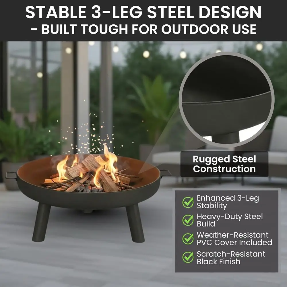 27.5-Inch Wood-Burning Outdoor Fire Pit with Handles and Cover - Ideal for Backyard, Deck, or Patio (Black) view 3