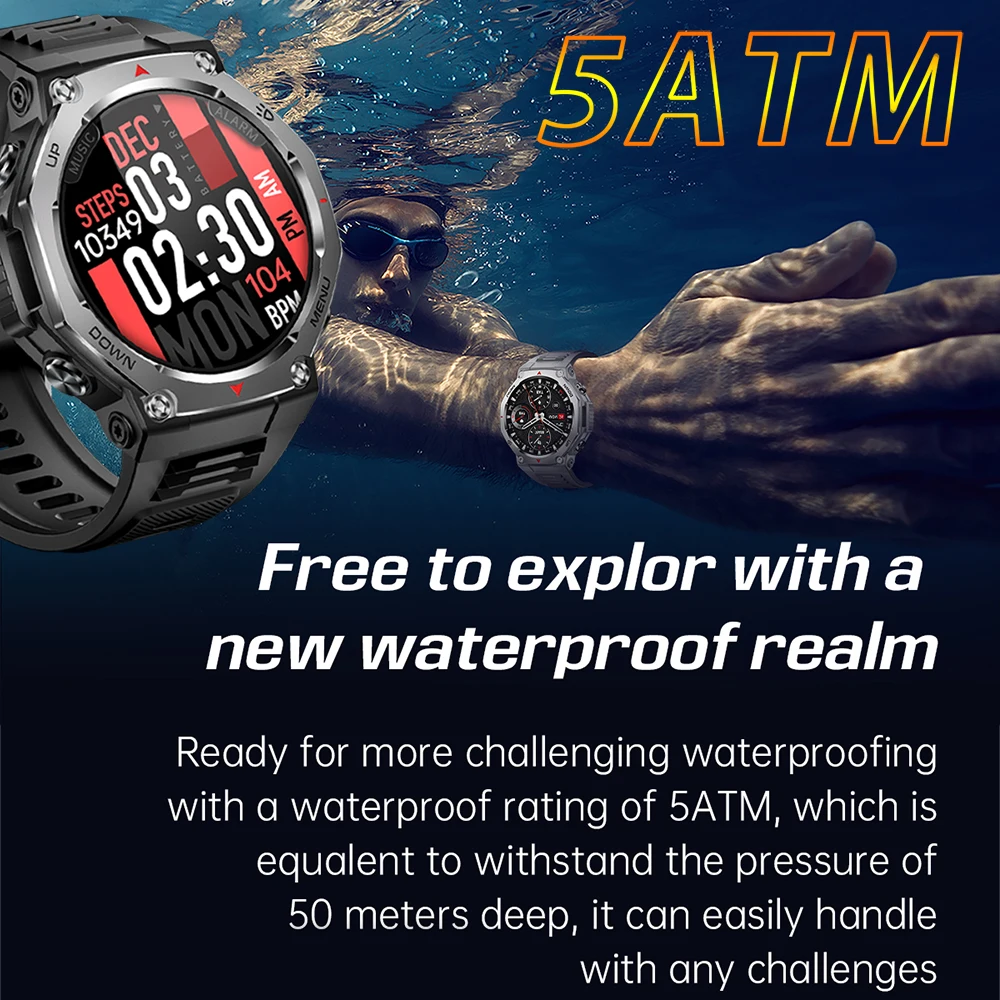 2025 مصباح يدوي عسكري رياضي ساعة ذكية رجل مدمج ثنائي النطاق GNSS البوصلة 5ATM مقاوم للماء 1.43 بوصة AMOLED HD Smartwatch