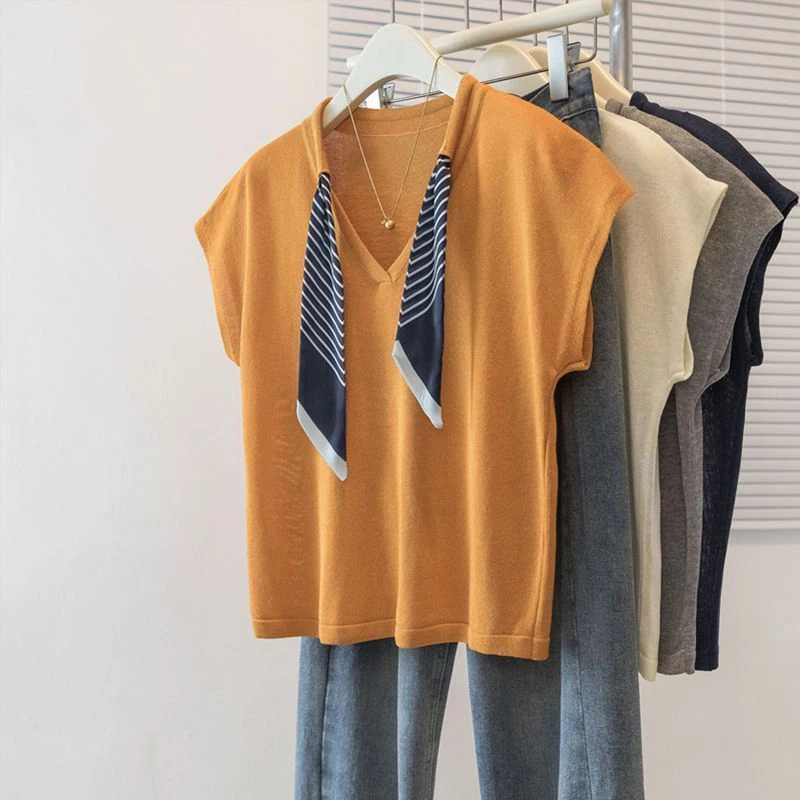 

Women's Summer 2026 New Korean Style Knit T-Shirt With Striped Scarf Tie, Loose Casual V-Neck Plus Size Tops For Pregnant Women