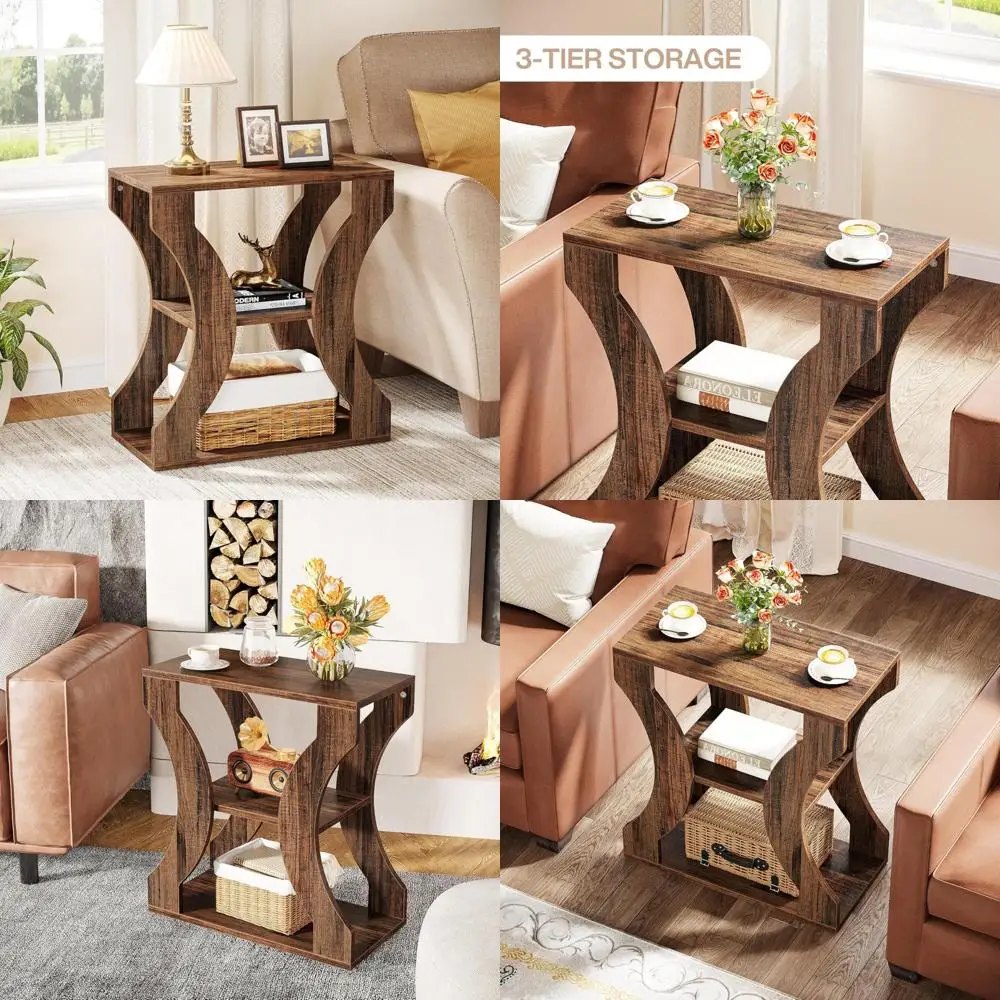 

3-Tier Farmhouse Style Accent Table with Storage Shelves, Industrial Wood End Table for Narrow Spaces, Nightstand Bedside Table