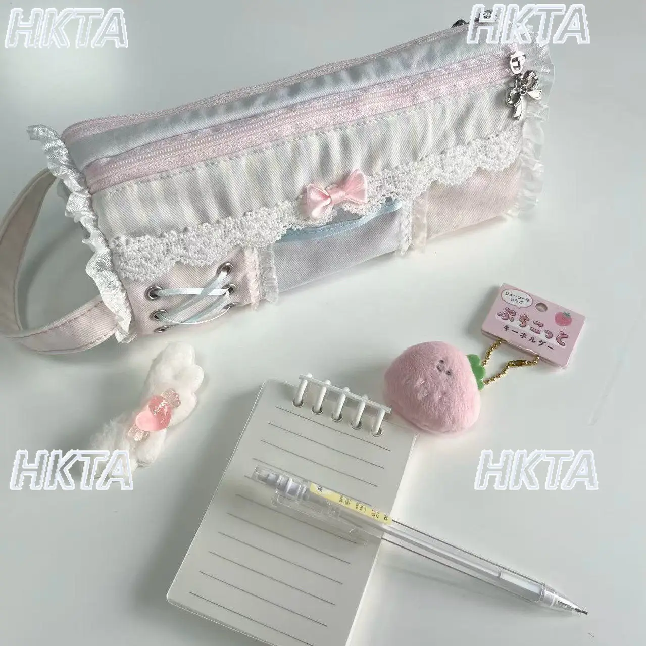 Japanese Lolita Pencil Case Bow Strap Polka Dot Lace Student Big Capacity Zipper Stationery Storage Bag Kawaii Pencil Case Women