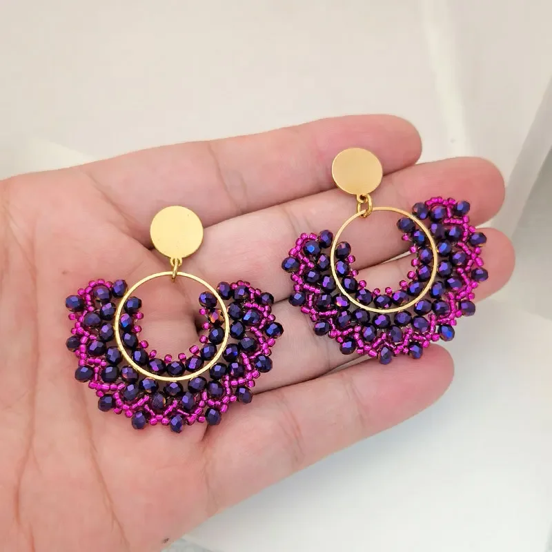 ZGMXR  Women's Bohemian Handcrafted Crystal Rice Beads Earrings Hollow Circle Fashionable Textile Jewelry Accessory