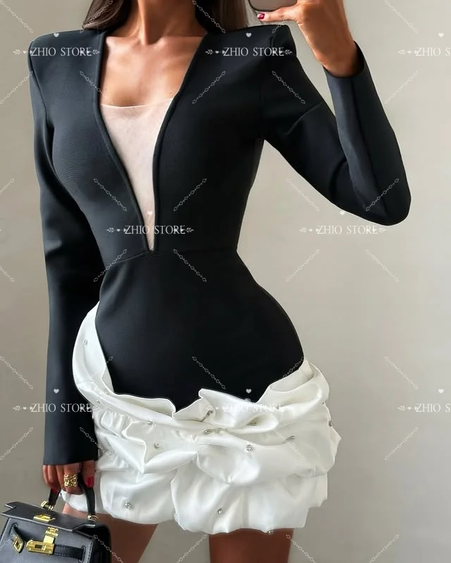 Zhi alta qualidade contraste cor feminina manga longa sexy plissado bodycon mini vestido bandagem celebrar festa à noite vestido de aniversário