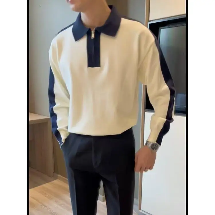 

Мужской корейский вязаный свитер с длинным рукавом на молнии, свободный крой, шерстяной топ для повседневной носки и делового стиля