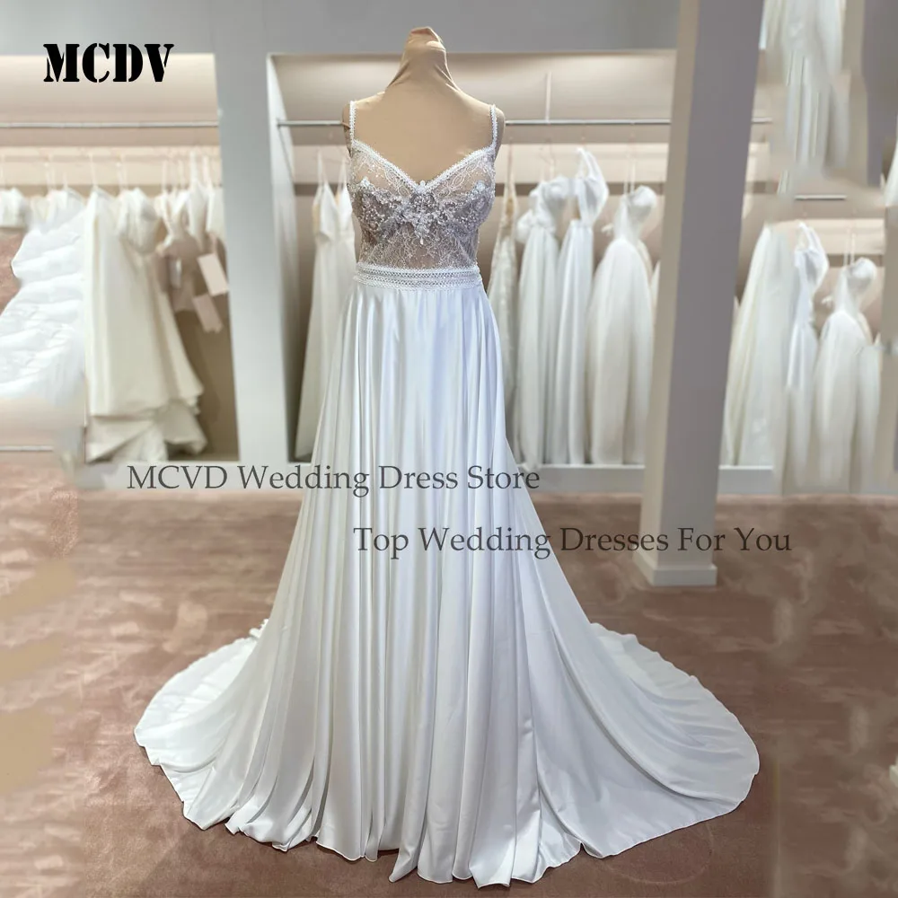 

MCDV Bohemian Wedding Dress V Neck Beaded Satin Sexy Bridal Gown 2026 Robe De Mariee Spaghetti Straps Sweep Train Customized