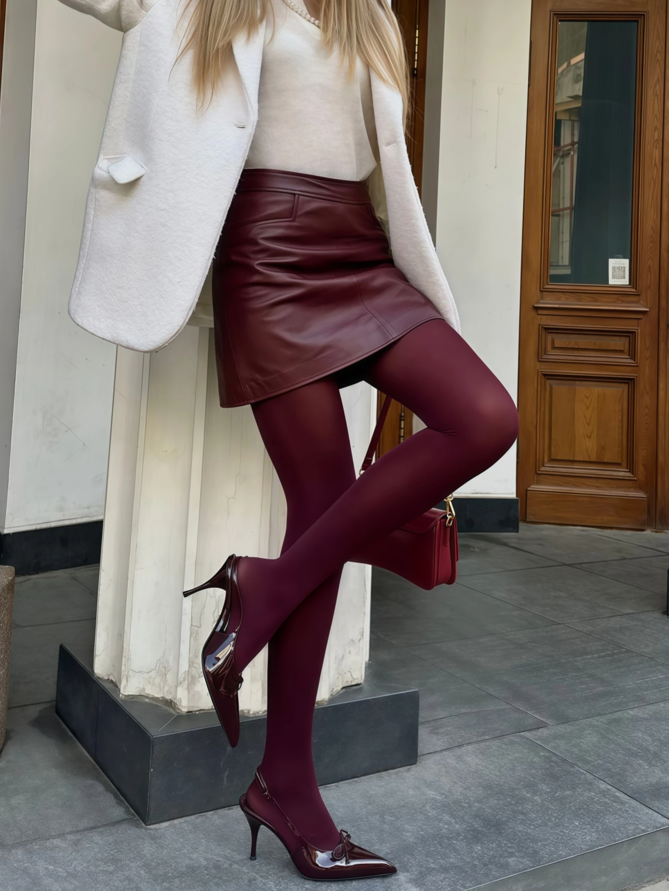 Solid Color Opaque Footed Tights Women's High Stretch Burgundy Pantyhose for Casual Dressy Occasions