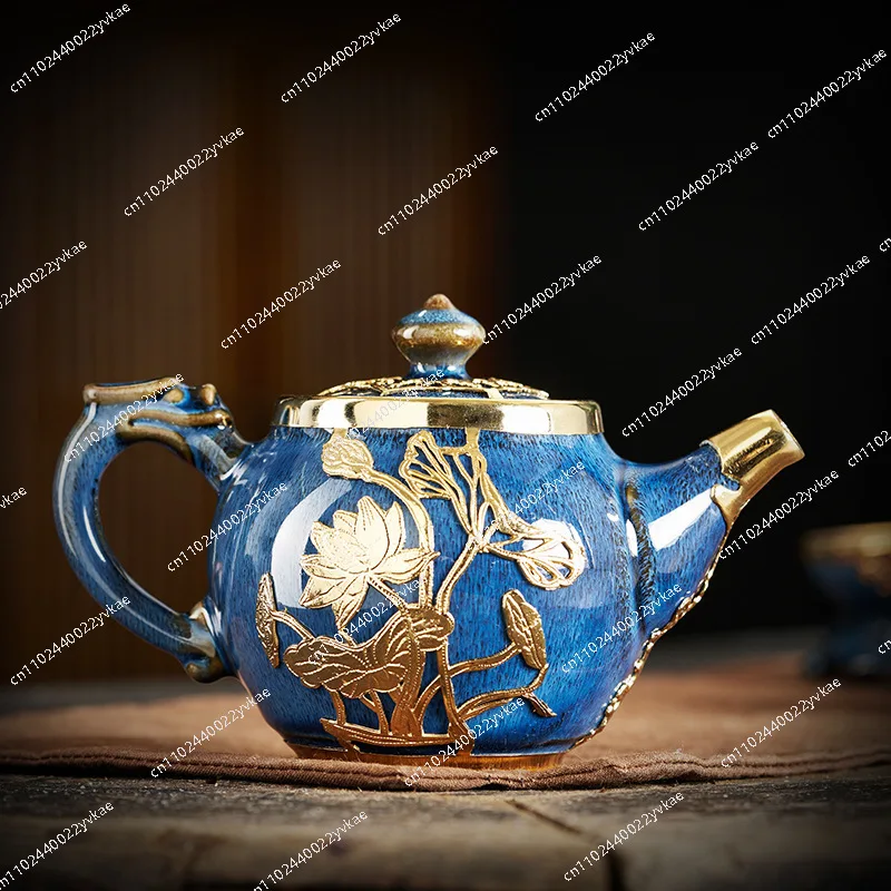 

Инкрустированная золотом одиночный чайник, крышка, чаша для домашнего офиса, чайный сервиз кунг-фу, керамический подарок ручной работы, подарочная коробка из селадона