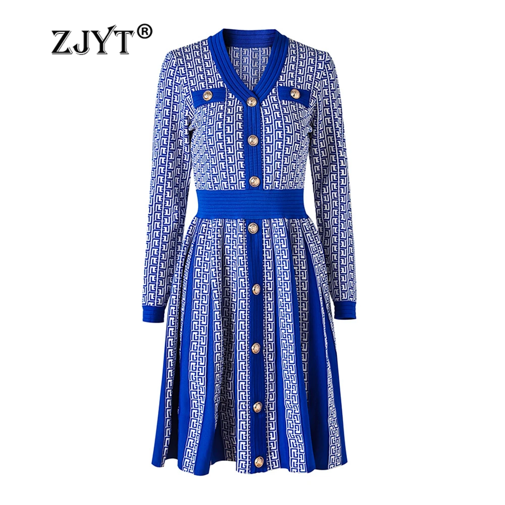 

ZJYT весенние вязаные платья-свитеры для женщин трикотаж с длинным рукавом геометрический принт винтажное платье с V-образным вырезом Повседневные базовые платья