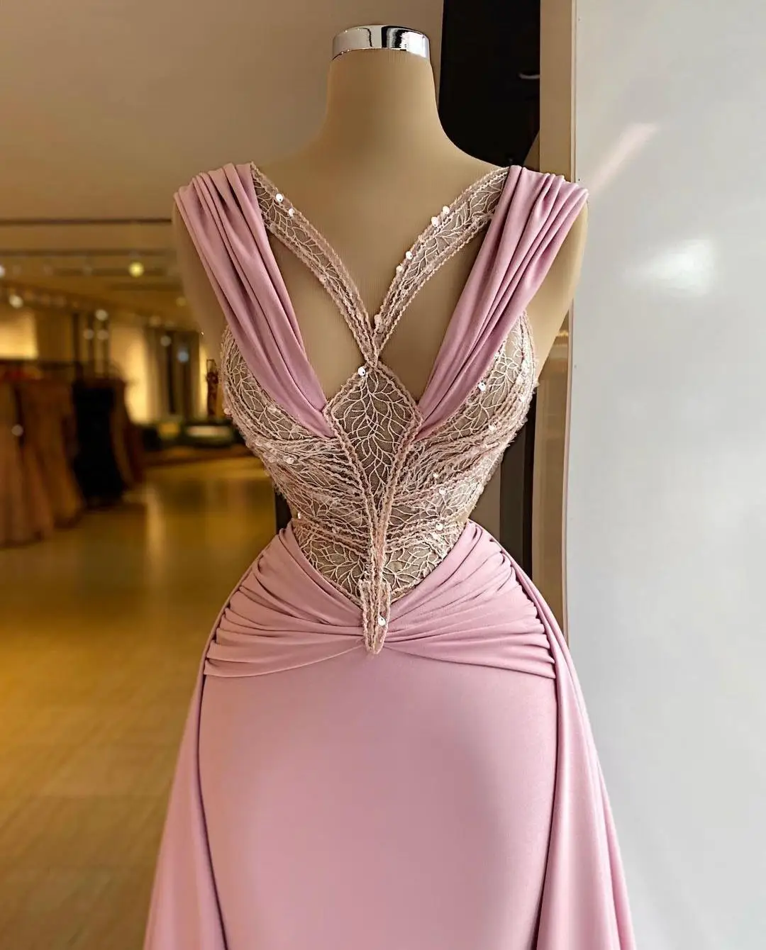 Lace Top Sexy Pink Evening Dress Sequins Pleat Overskirt Corset Gown Prom Gowns Women Formal Wear Vestidos Plus Size Fashion