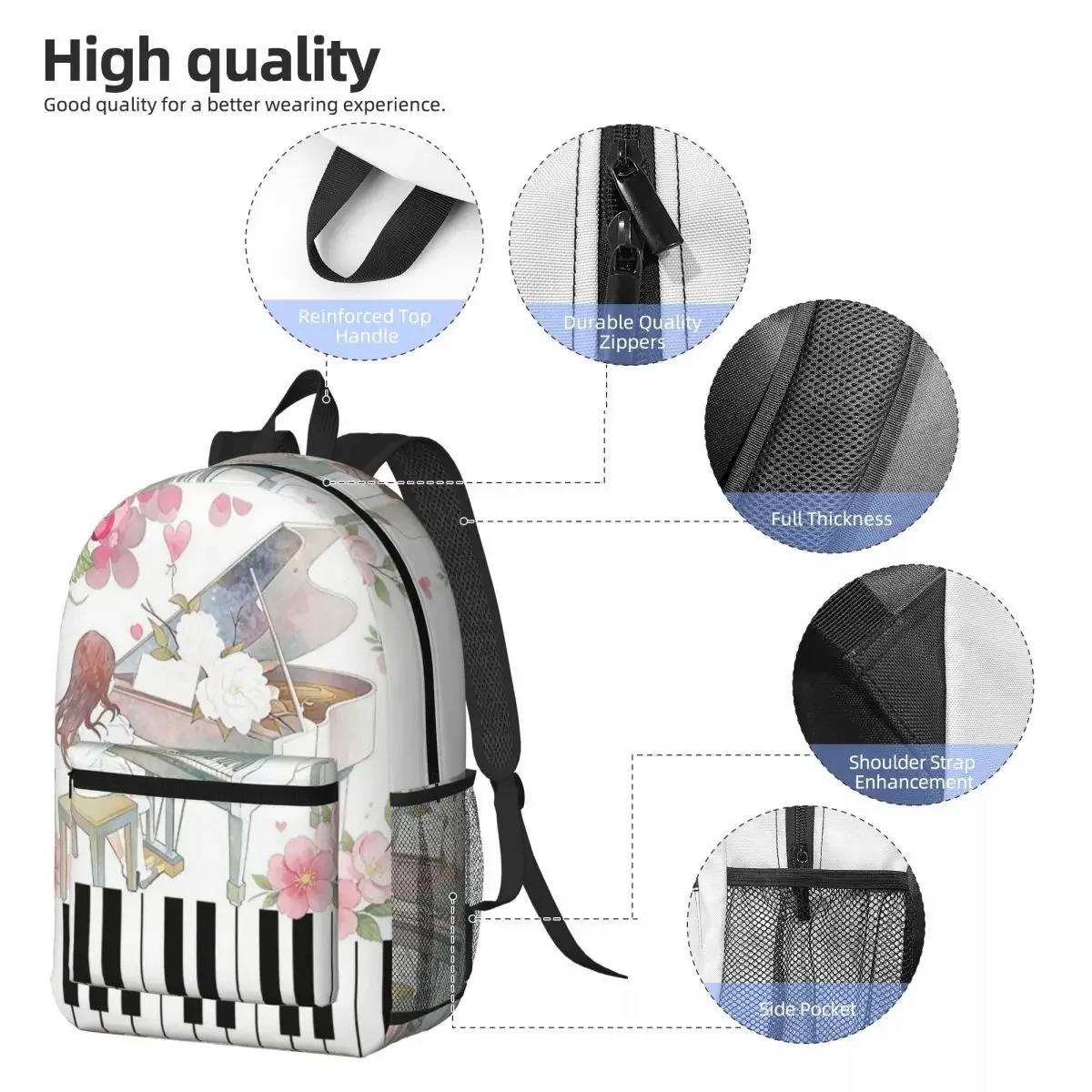 Girl Playing Grand Piano Floral Motifs Backpack Daypack Large Capacity Kids BookBag School Bag Shoulder Bags for Men Women