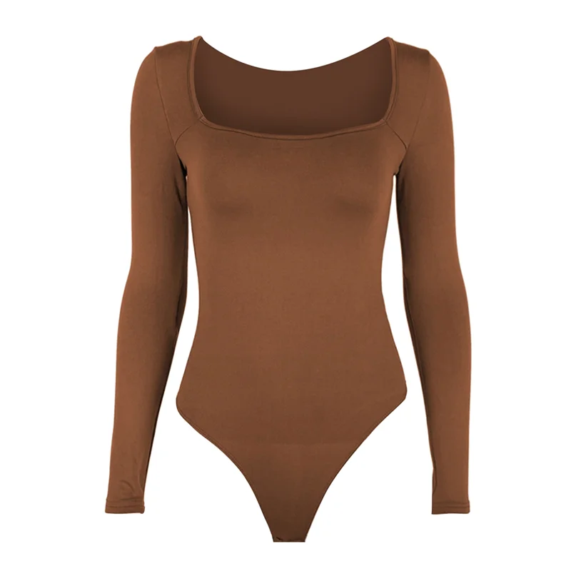 Women's Bodysuit Square Neck Long Sleeve Bodysuit Sexy Body Suits Women Tops Clothing,Brown XL