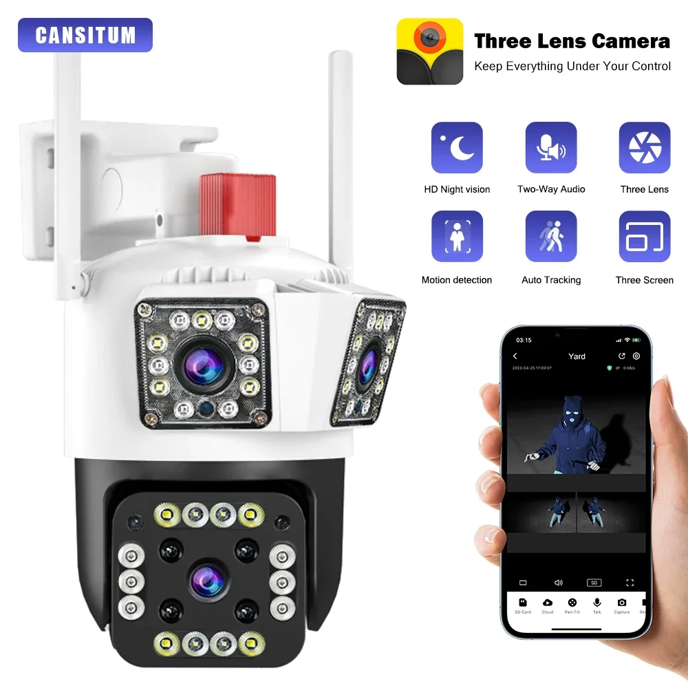 

Cansitum 6K WIFI IP Outdoor 12MP Camera Motion Tracking PTZ 4K Video Camera Three Lens Three Screen Waterproof Security System