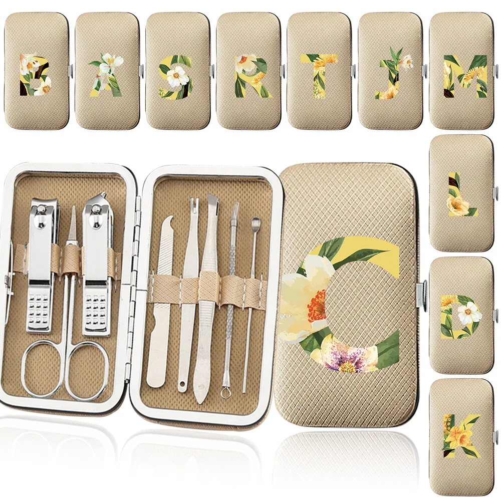 

8Pcs Manicure Set Portable Case Stainless Steel Pedicure Nail Clipper Kit Household Organizer Beauty Tool Floral Letter Pattern