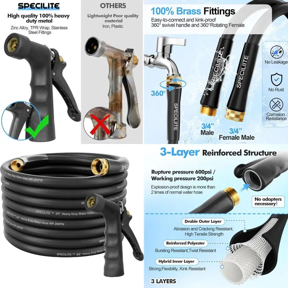 

Шланг для холодной/горячей воды длиной 75 футов, 3/4, с насадкой высокого давления, гибкий, легкий, 600 фунтов на квадратный дюйм, -50 ℉ до 158л ℉ , Черный