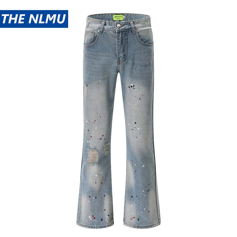 Men's Blue Flared Jeans Fashion Designer Ripped Vintage Denim Pants 2024 New Fashion Casual Jeans Trousers