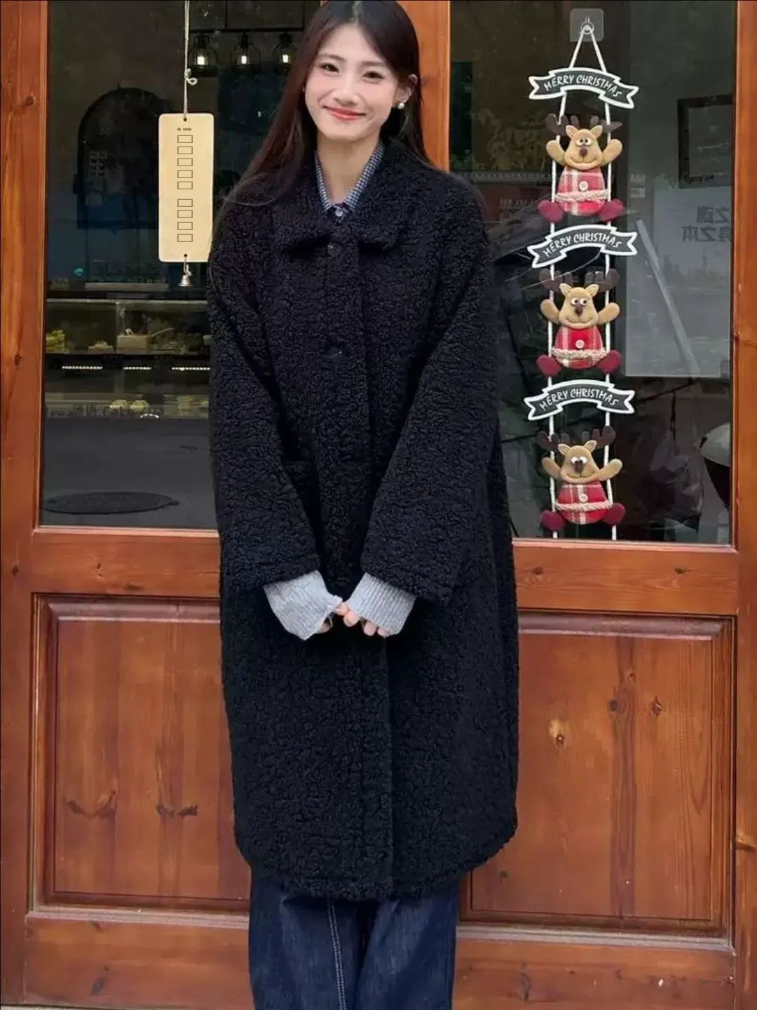 Thiened 스트리트 슬레 양털 코트 따뜻한 인조 모피 칼라 원피스 겨울 외투 여성용 출퇴근 패션 루즈핏