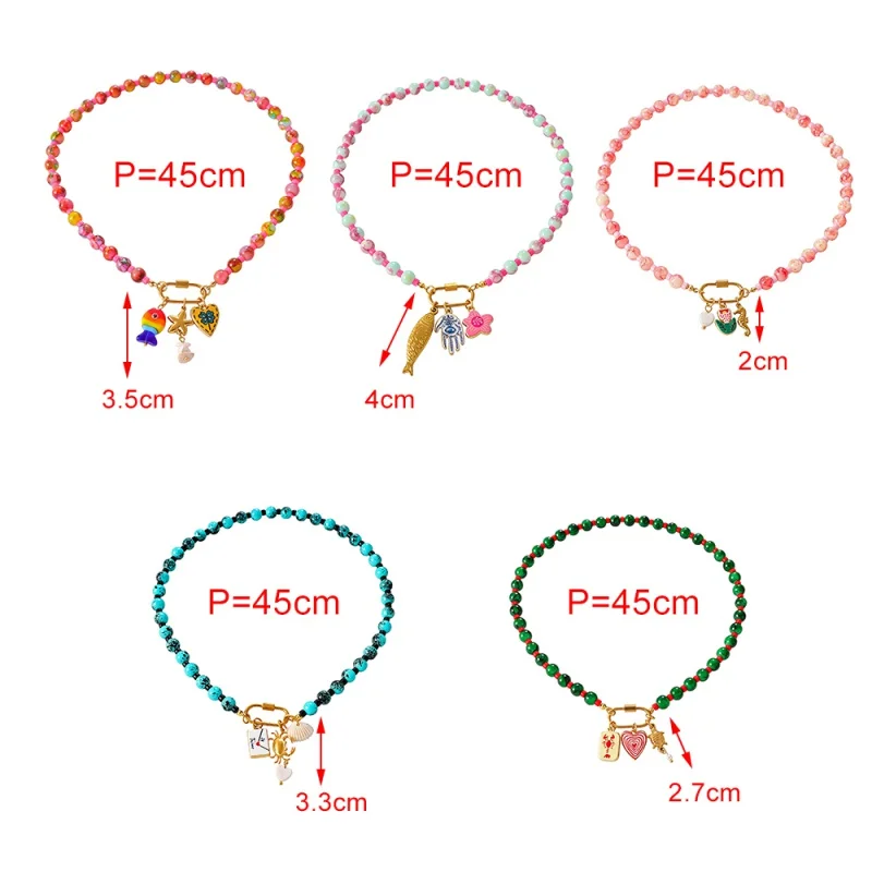 Titanium Steel Necklace with Starfish, Heart, Glass Fish, and Beads; Features Paperclip Chain and Screw Clasp (Color Random) - view 3