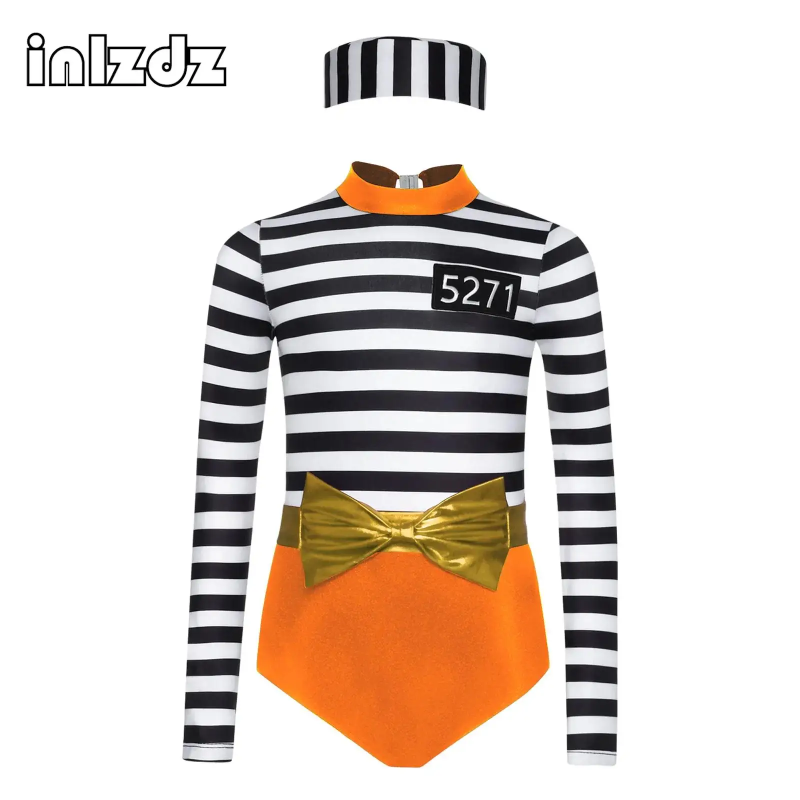 

Girls 3Pcs Prisoner Stripes Cosplay Outfit Halloween Jailbird Inmate Jumpsuit+Bow Waist Belt+Convict Cap Prison Overalls Uniform