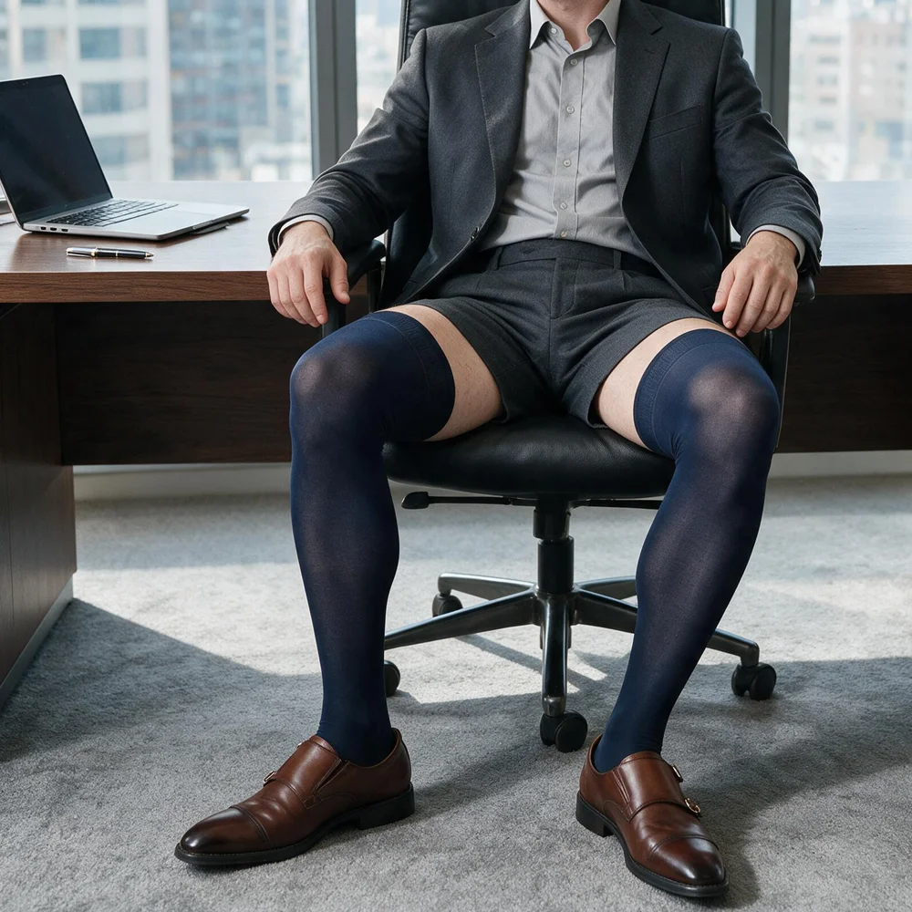 Men Sheer Thigh High Stockings Navy Blue Burgundy Silky Glossy Hold-Ups Wide Band Non-Slip Over Knee Business Socks