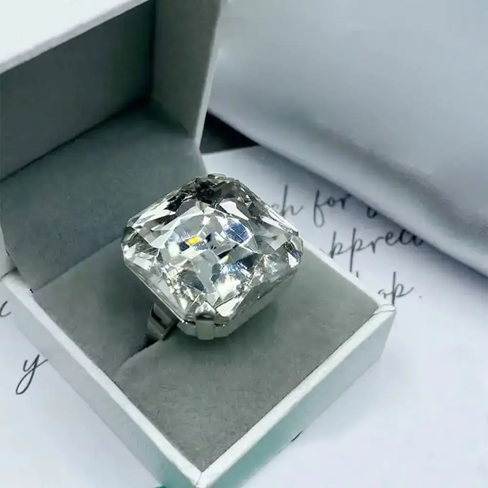 Square Shape Square Rhinestone Ring Rhinestone Crystal Large Size Vintage Wedding Ring Adjustable Size Exaggerated Giant