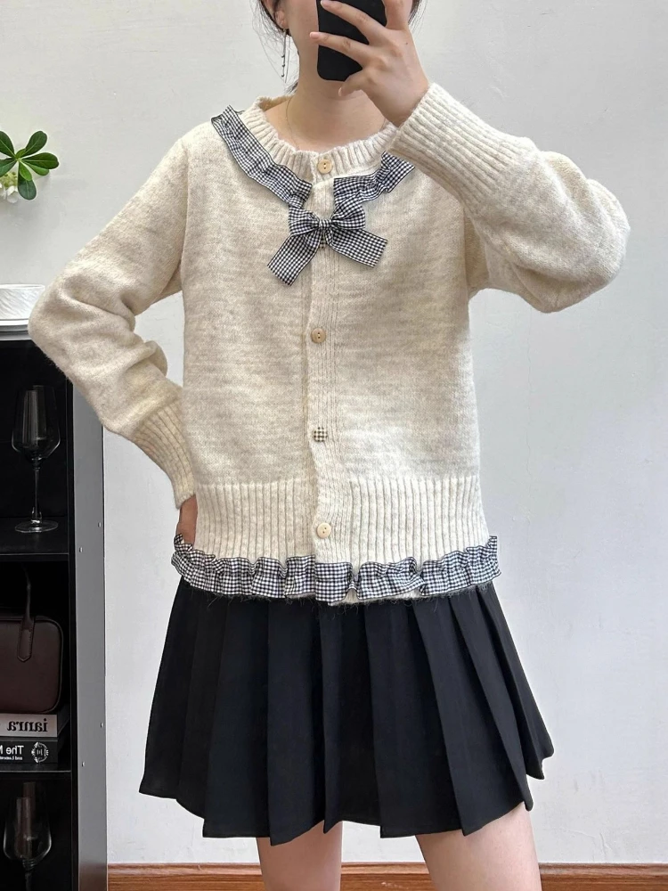 

Корейский милый дизайн, кардиган в клетку с оборками и бантом, лоскутные однобортные свитера, универсальные вязаные топы, новинка 2023 года, женская одежда
