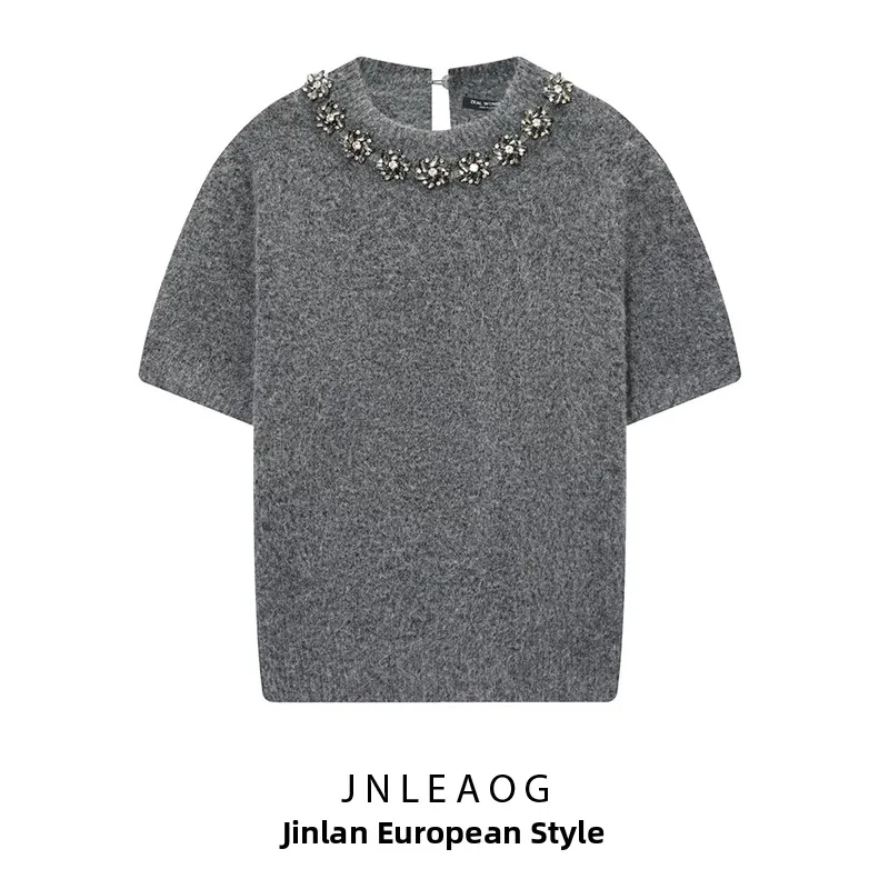 

JNLEAOG round Ne Beaded ort Sve Knitted Sweater Street Sle Polyester Fiber Warmth for Autumn And Winter Color