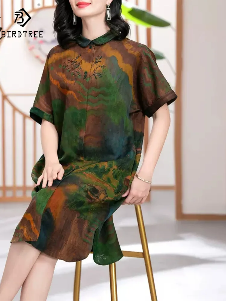 BirdTree, Watered Gauze Silk Elegant Dresses, Women Short Sleeve Lapel Print, Chinese Fashion Retro Dress, 2024 Summer D45743QM