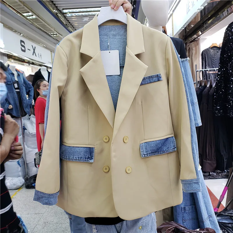 Khaki Black Denim Patchwork Blazer Jacket Women Big Pocket Double Breasted Outwear Female Korean Loose Jeans Splicing Suit Coat