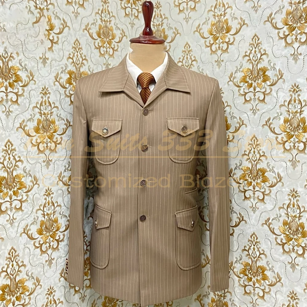 

Safari Stripe Men's Suits Elegant Slim Fit Blazer Fashion Single Breasted Stand Lapel 2 Piece Jacket Pants Sets Costume Homme