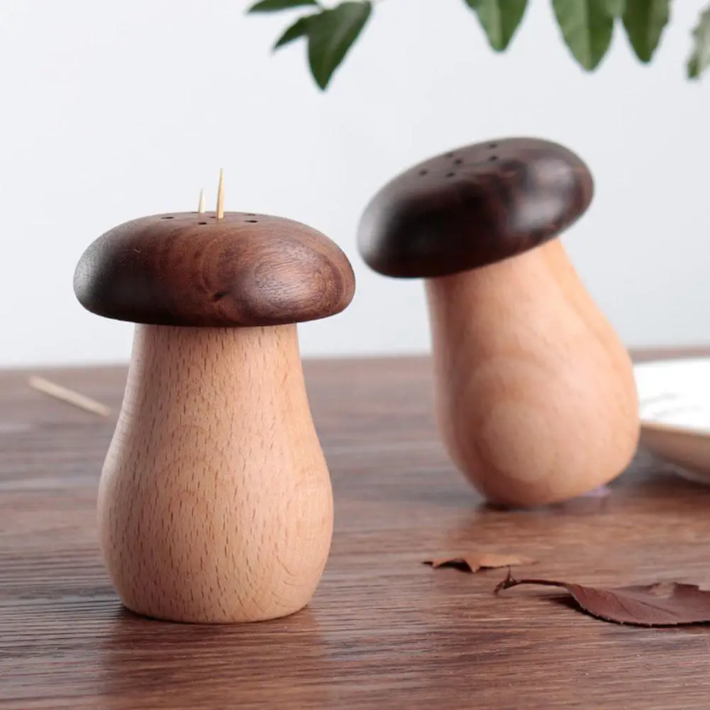 Walnut Wood Mushroom Toothpick Holder Dispenser Creative Container For Home, Kitchen, And Restaurant Use Container Toothpicks